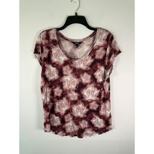 Simply Vera Vera Wang Top Womens L Floral Scoop Neck Short Sleeve Rayon Burgundy